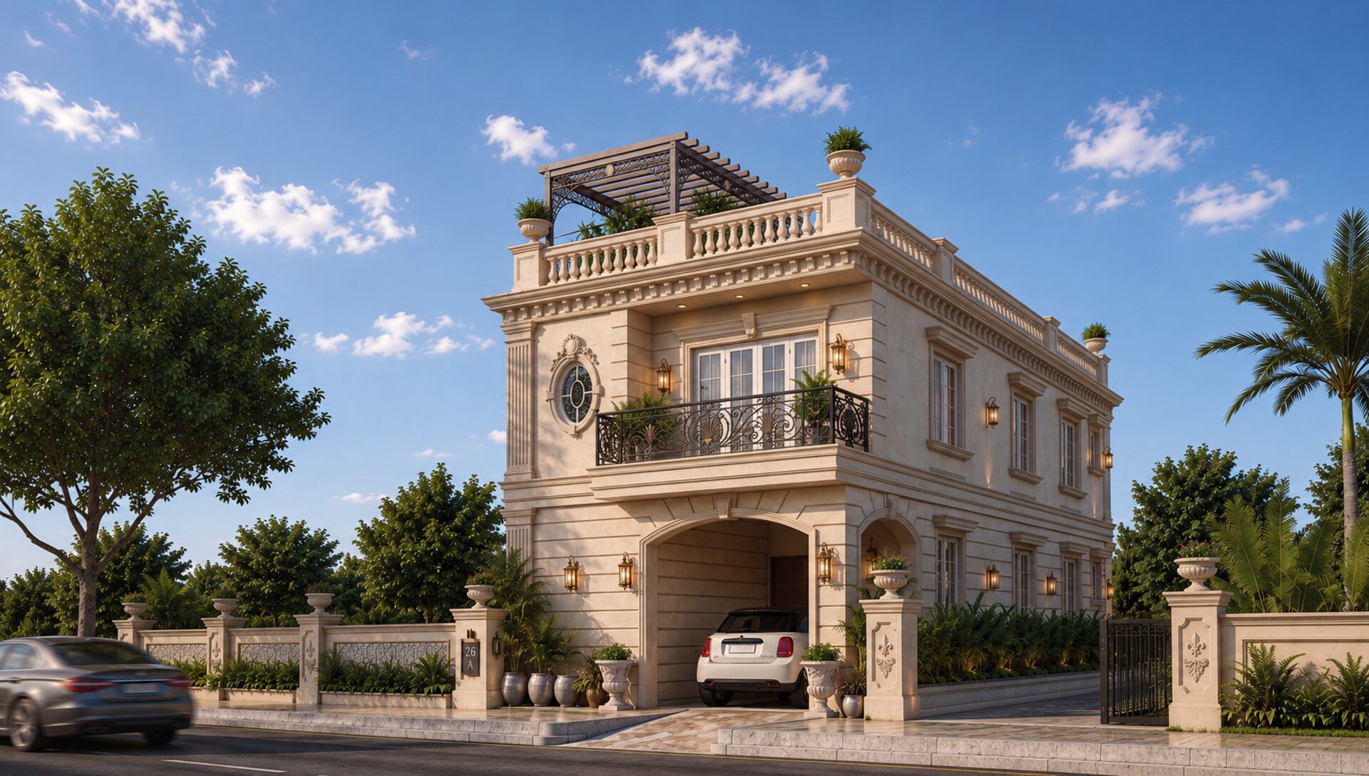 Classic elevation at dusk